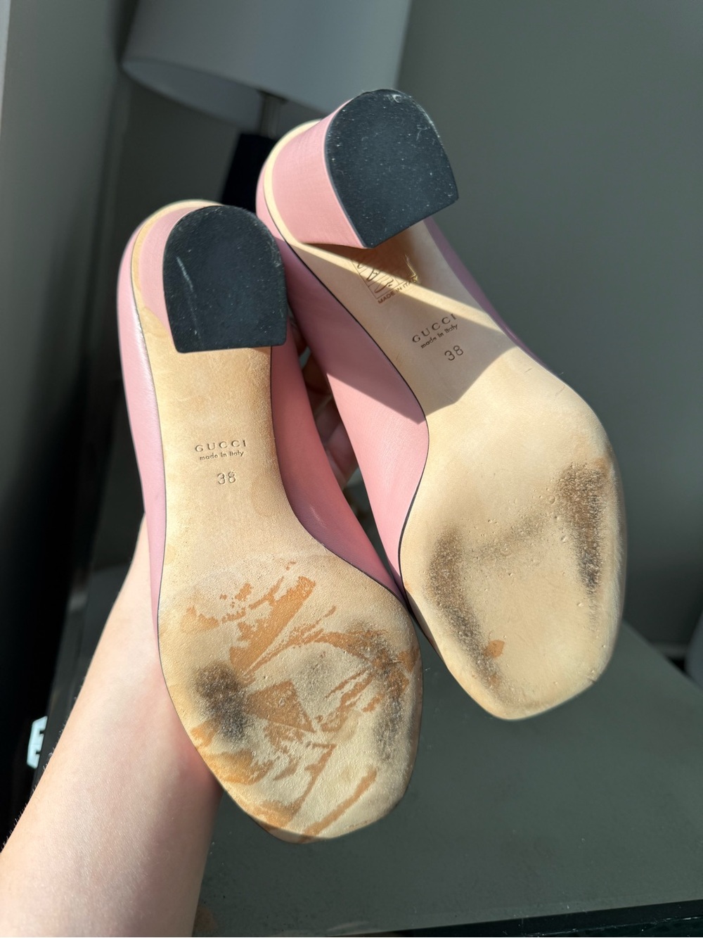 Gucci Pink Leather Block Heel Pumps with Gold Horsebit 7.5 - Picture 8 of 8
